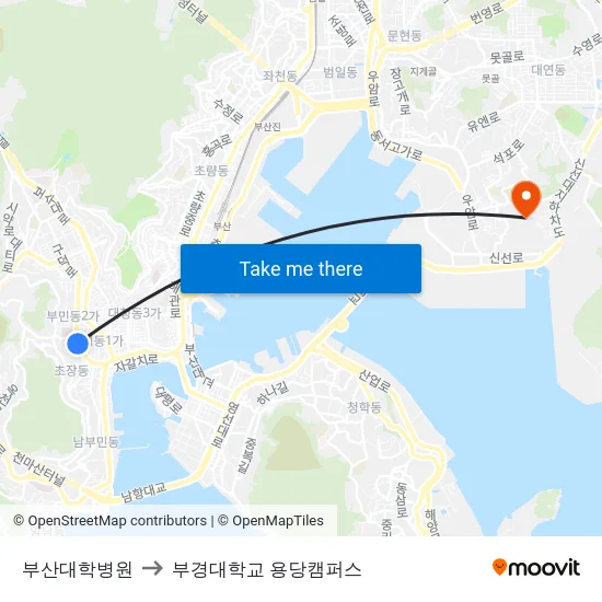 부산대학병원 to 부경대학교 용당캠퍼스 map