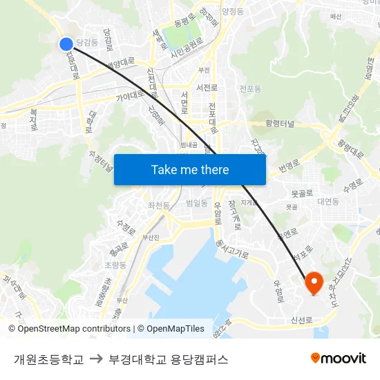 개원초등학교 to 부경대학교 용당캠퍼스 map
