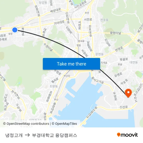 냉정고개 to 부경대학교 용당캠퍼스 map