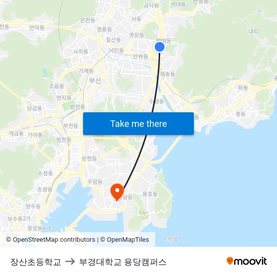 장산초등학교 to 부경대학교 용당캠퍼스 map