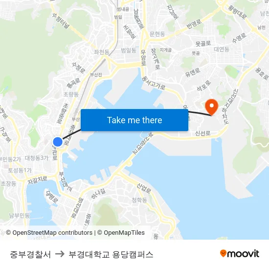 중부경찰서 to 부경대학교 용당캠퍼스 map