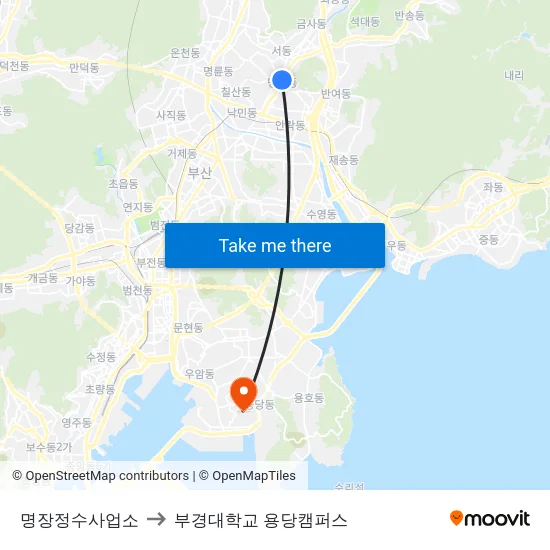명장정수사업소 to 부경대학교 용당캠퍼스 map