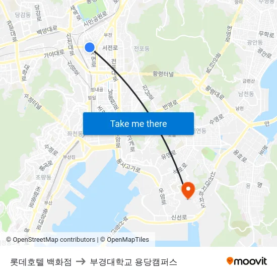 롯데호텔 백화점 to 부경대학교 용당캠퍼스 map