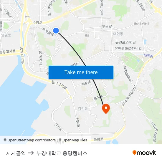 지게골역 to 부경대학교 용당캠퍼스 map