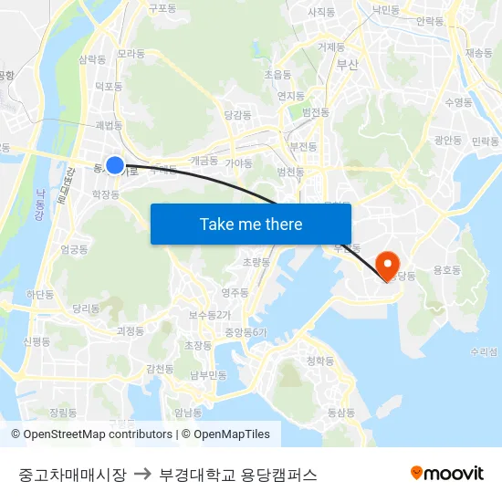 중고차매매시장 to 부경대학교 용당캠퍼스 map