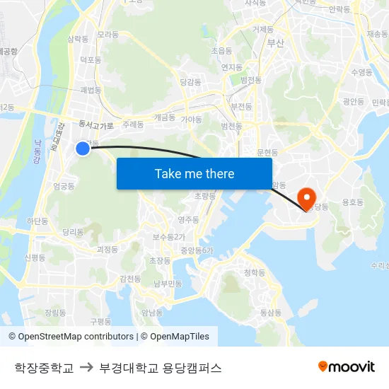 학장중학교 to 부경대학교 용당캠퍼스 map