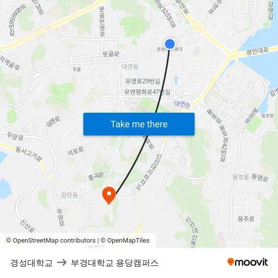 경성대학교 to 부경대학교 용당캠퍼스 map