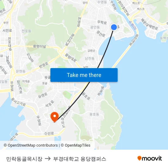 민락동골목시장 to 부경대학교 용당캠퍼스 map
