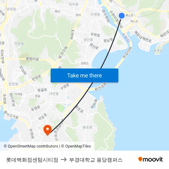 롯데백화점센텀시티점 to 부경대학교 용당캠퍼스 map