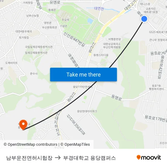 남부운전면허시험장 to 부경대학교 용당캠퍼스 map