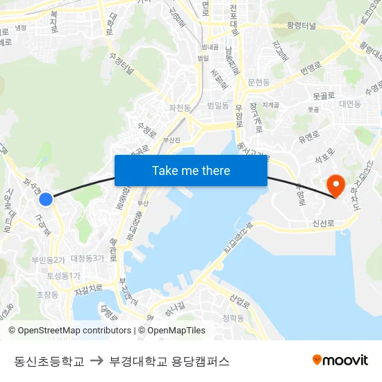 동신초등학교 to 부경대학교 용당캠퍼스 map