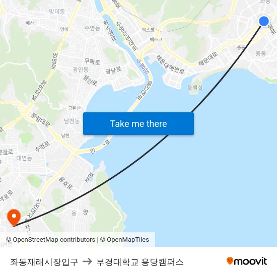 좌동재래시장입구 to 부경대학교 용당캠퍼스 map