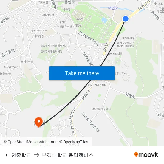 대천중학교 to 부경대학교 용당캠퍼스 map