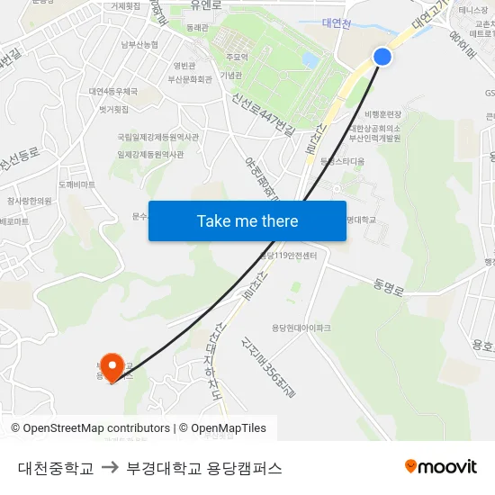 대천중학교 to 부경대학교 용당캠퍼스 map