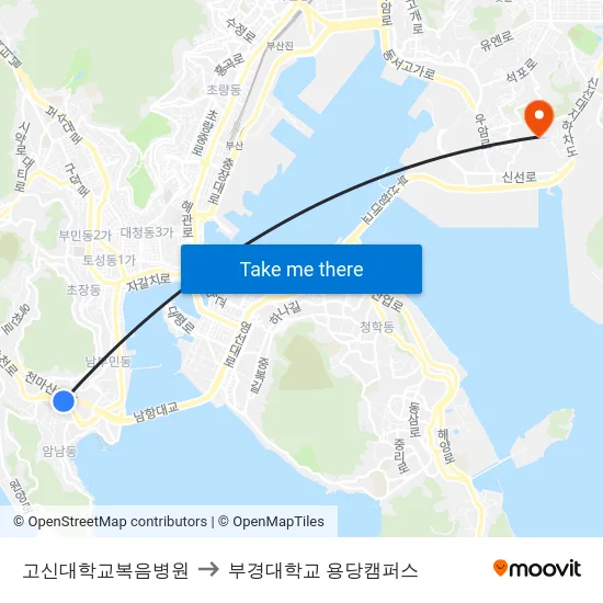 고신대학교복음병원 to 부경대학교 용당캠퍼스 map