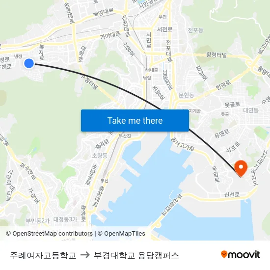 주례여자고등학교 to 부경대학교 용당캠퍼스 map