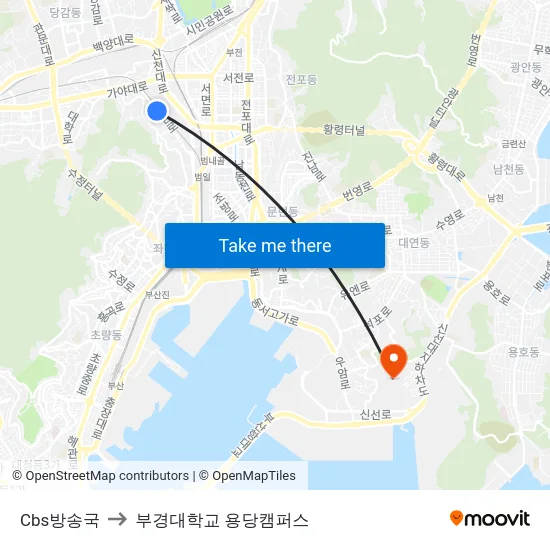 Cbs방송국 to 부경대학교 용당캠퍼스 map