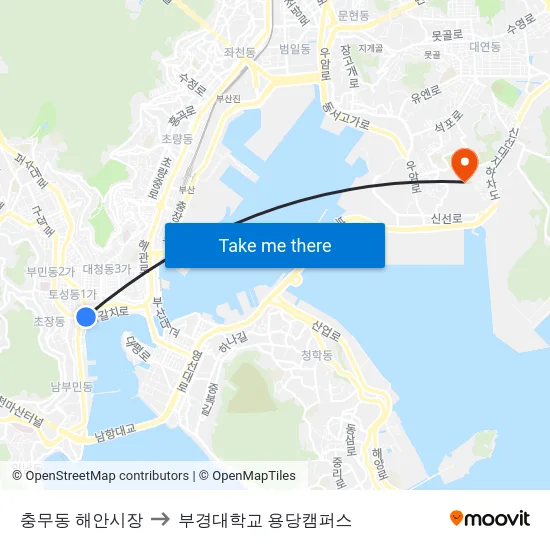 충무동 해안시장 to 부경대학교 용당캠퍼스 map