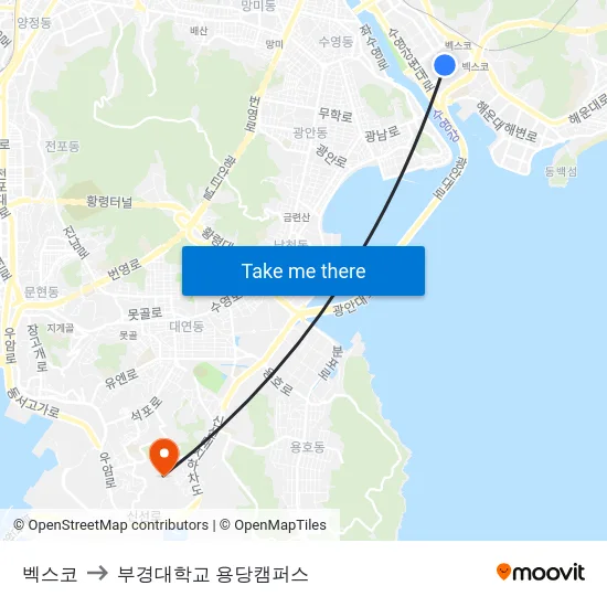 벡스코 to 부경대학교 용당캠퍼스 map