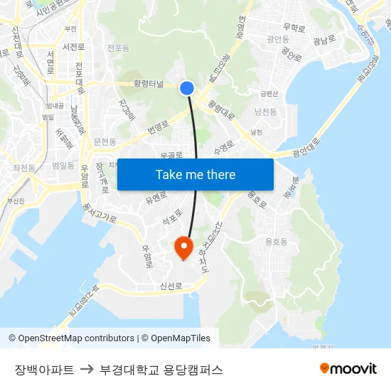 장백아파트 to 부경대학교 용당캠퍼스 map