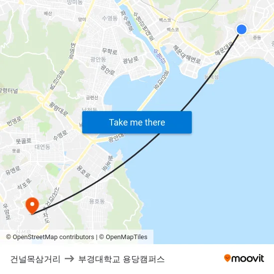 건널목삼거리 to 부경대학교 용당캠퍼스 map
