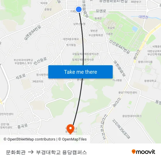 문화회관 to 부경대학교 용당캠퍼스 map