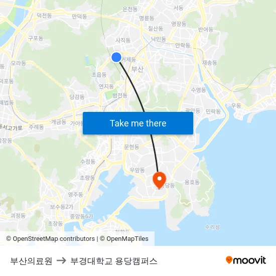 부산의료원 to 부경대학교 용당캠퍼스 map