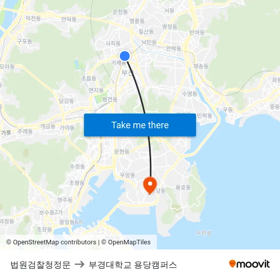 법원검찰청정문 to 부경대학교 용당캠퍼스 map