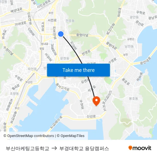 부산마케팅고등학교 to 부경대학교 용당캠퍼스 map