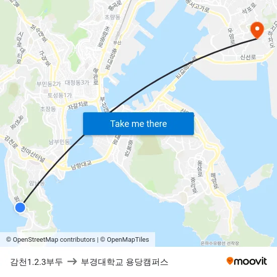 감천1.2.3부두 to 부경대학교 용당캠퍼스 map