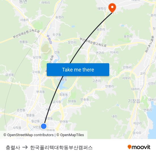 충렬사 to 한국폴리텍대학동부산캠퍼스 map