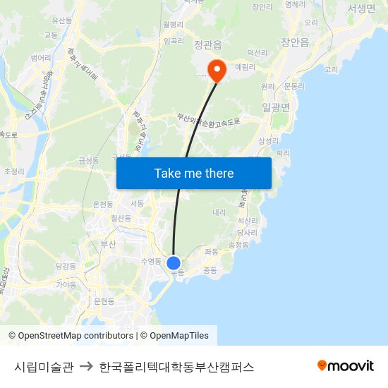 시립미술관 to 한국폴리텍대학동부산캠퍼스 map