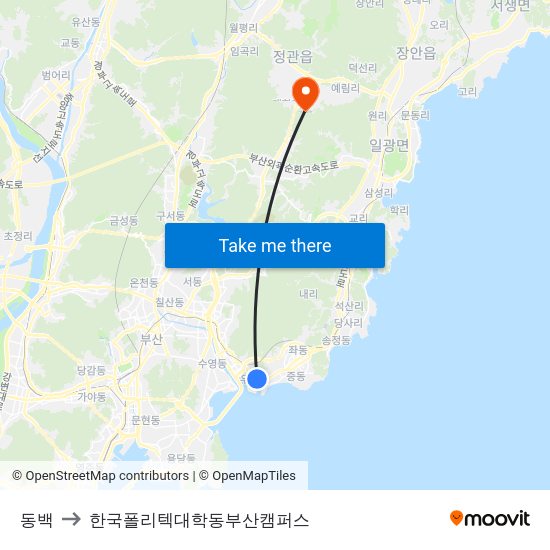 동백 to 한국폴리텍대학동부산캠퍼스 map