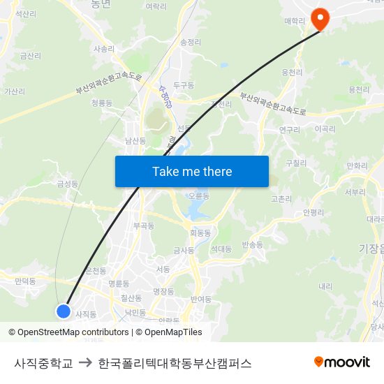 사직중학교 to 한국폴리텍대학동부산캠퍼스 map