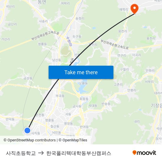 사직초등학교 to 한국폴리텍대학동부산캠퍼스 map