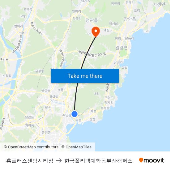 홈플러스센텀시티점 to 한국폴리텍대학동부산캠퍼스 map