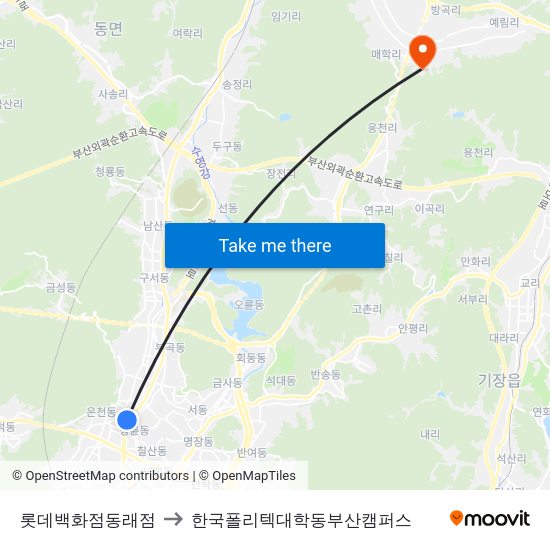 롯데백화점동래점 to 한국폴리텍대학동부산캠퍼스 map