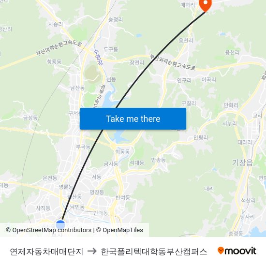 연제자동차매매단지 to 한국폴리텍대학동부산캠퍼스 map