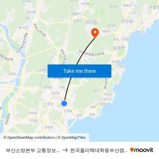 부산소방본부 교통정보센터 to 한국폴리텍대학동부산캠퍼스 map