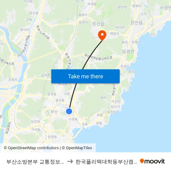 부산소방본부 교통정보센터 to 한국폴리텍대학동부산캠퍼스 map
