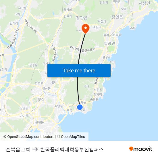 순복음교회 to 한국폴리텍대학동부산캠퍼스 map