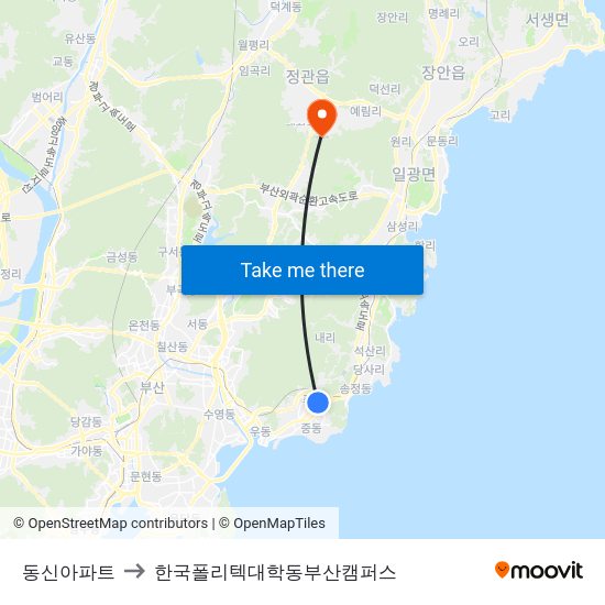 동신아파트 to 한국폴리텍대학동부산캠퍼스 map