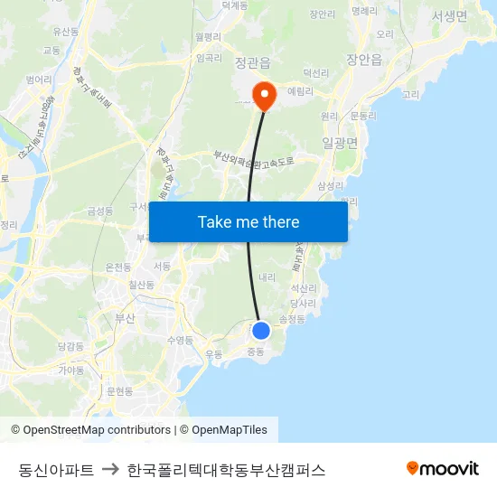 동신아파트 to 한국폴리텍대학동부산캠퍼스 map