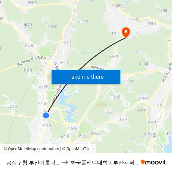 금정구청.부산가톨릭대 to 한국폴리텍대학동부산캠퍼스 map