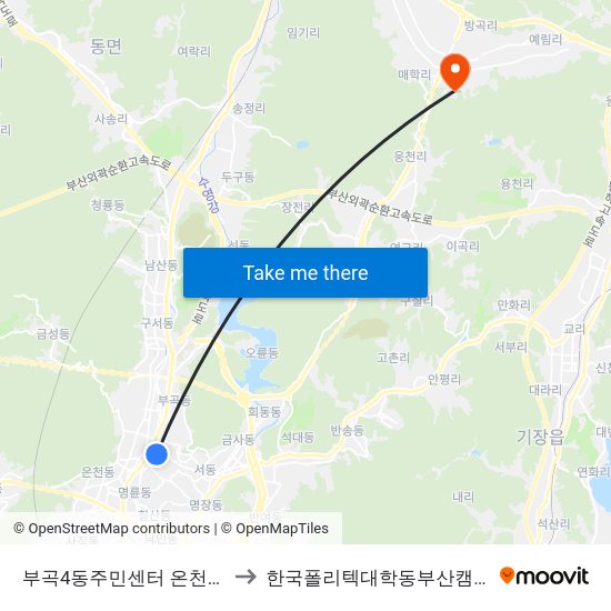 부곡4동주민센터 온천장역 to 한국폴리텍대학동부산캠퍼스 map