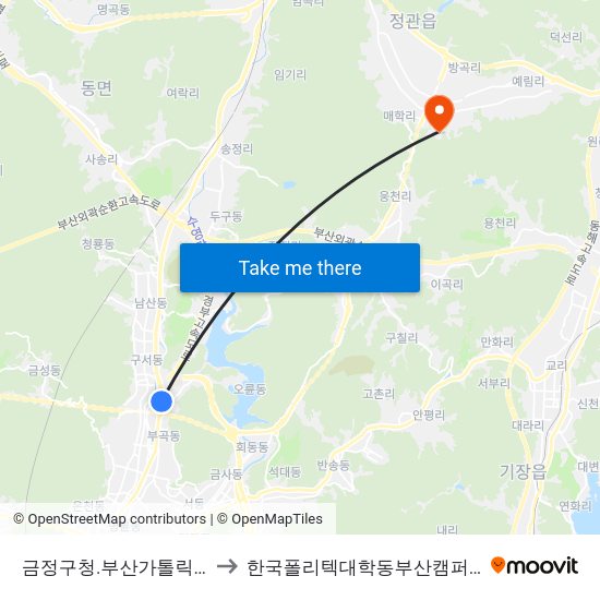 금정구청.부산가톨릭대 to 한국폴리텍대학동부산캠퍼스 map
