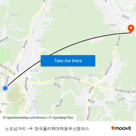 노포삼거리 to 한국폴리텍대학동부산캠퍼스 map