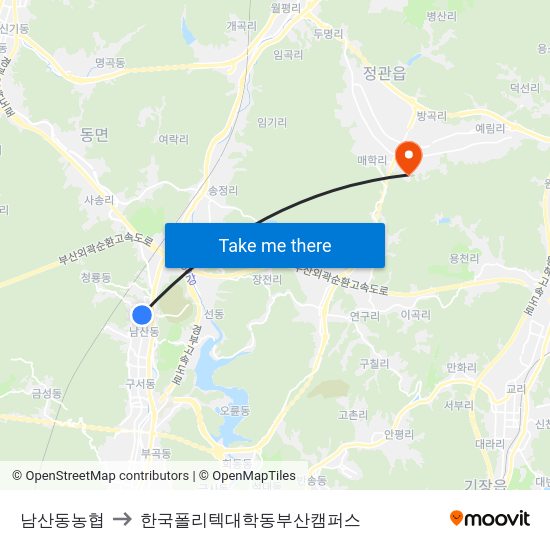 남산동농협 to 한국폴리텍대학동부산캠퍼스 map