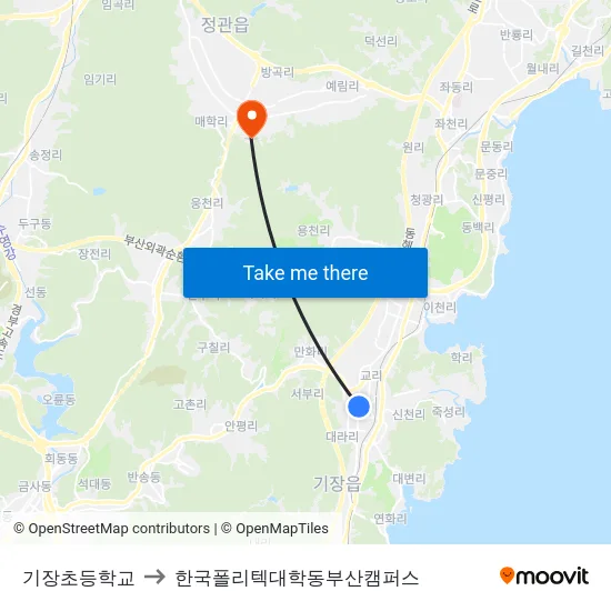 기장초등학교 to 한국폴리텍대학동부산캠퍼스 map