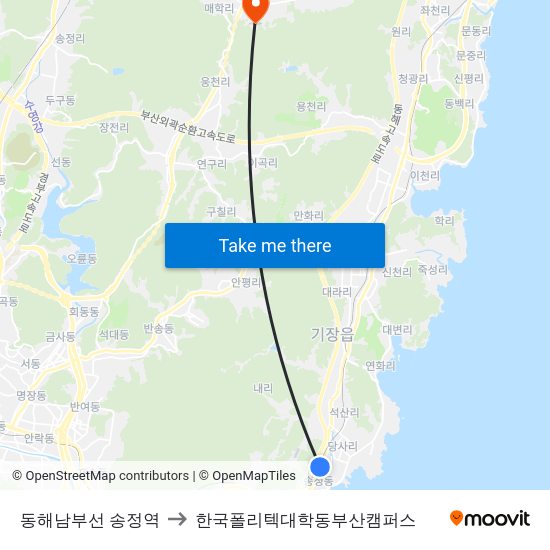 동해남부선 송정역 to 한국폴리텍대학동부산캠퍼스 map